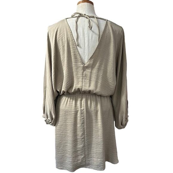 River Island Stone Drawstring Mini Dress 8 Sage Green Flowy Empire Waist Boho - Picture 5 of 13